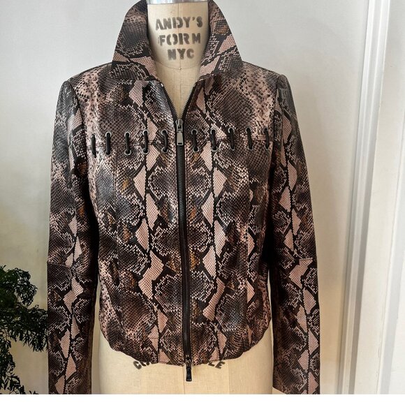 WORTH Cropped Leather Python Print  Jacket with Leather Stitch Size 6 - Picture 1 of 7